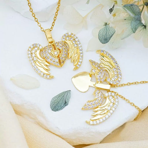 Gold Plated Angel Wings Heart Pendant Necklace – Zircon Jewelry for Women in Pakistan