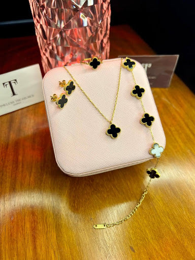 Van Cleef Inspired Black Clover Jewelry Set – Necklace, Bracelet, Earrings & Ring for Women
