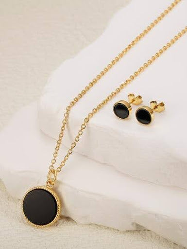 Gold Plated Black Stone Necklace & Earrings Set – Women’s Fashion Jewelry